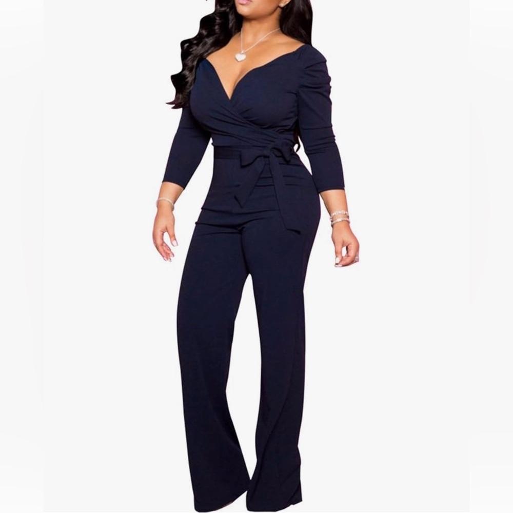 Women's Sexy Wrap Top Wide Leg Long Sleeve Cocktail V Neck Jumpsuit